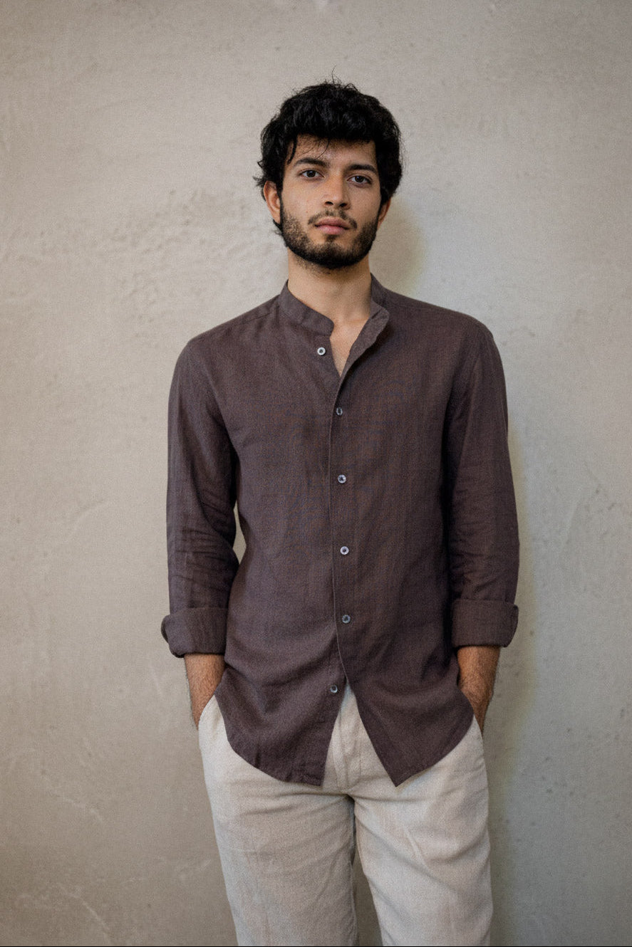 Yerse Mao Collar Linen Blend Shirt, White