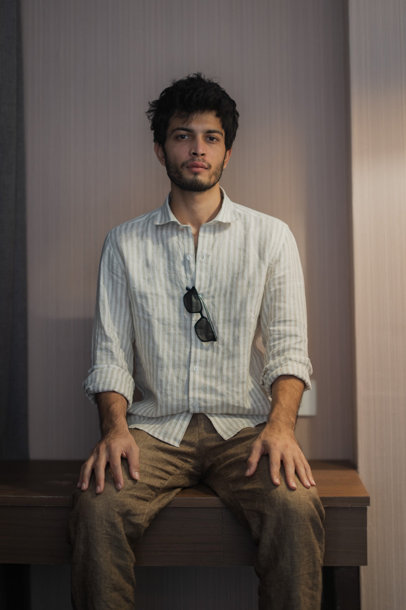 Beige Striped Irish Linen Shirt