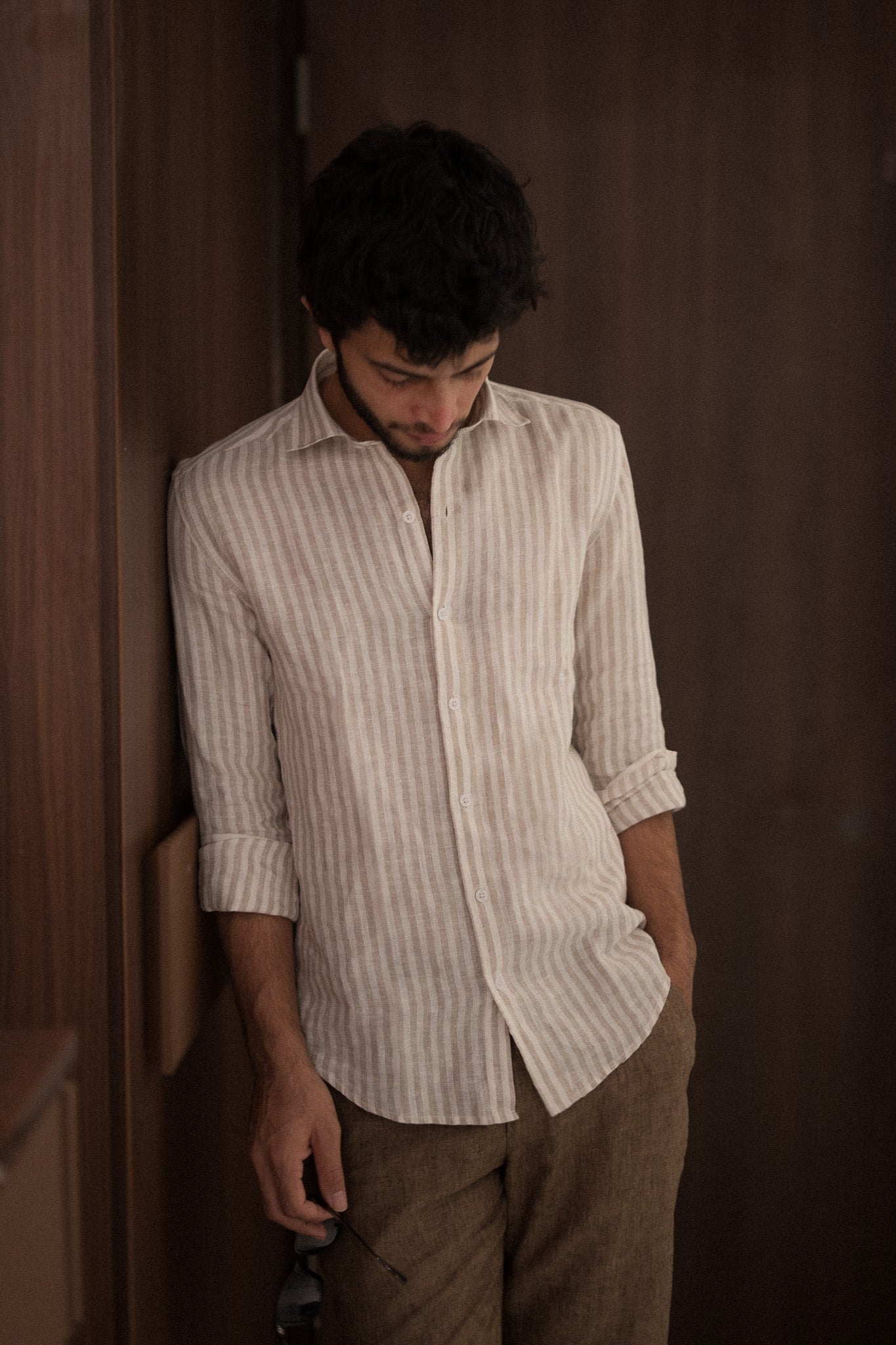 Beige Striped Irish Linen Shirt