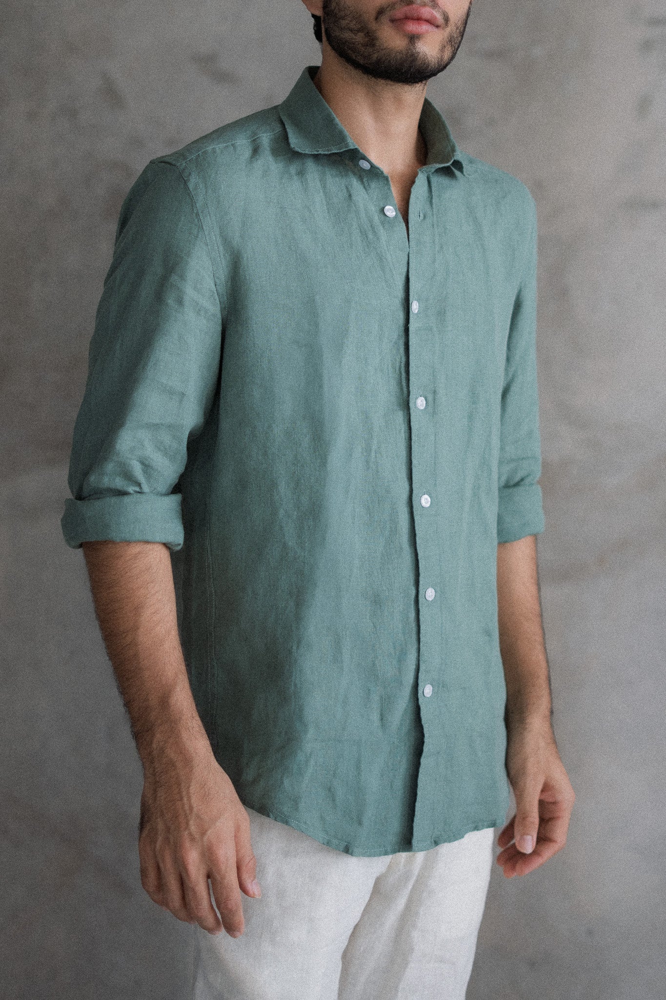 Sage Green Irish Linen Shirt (with MOP Buttons)