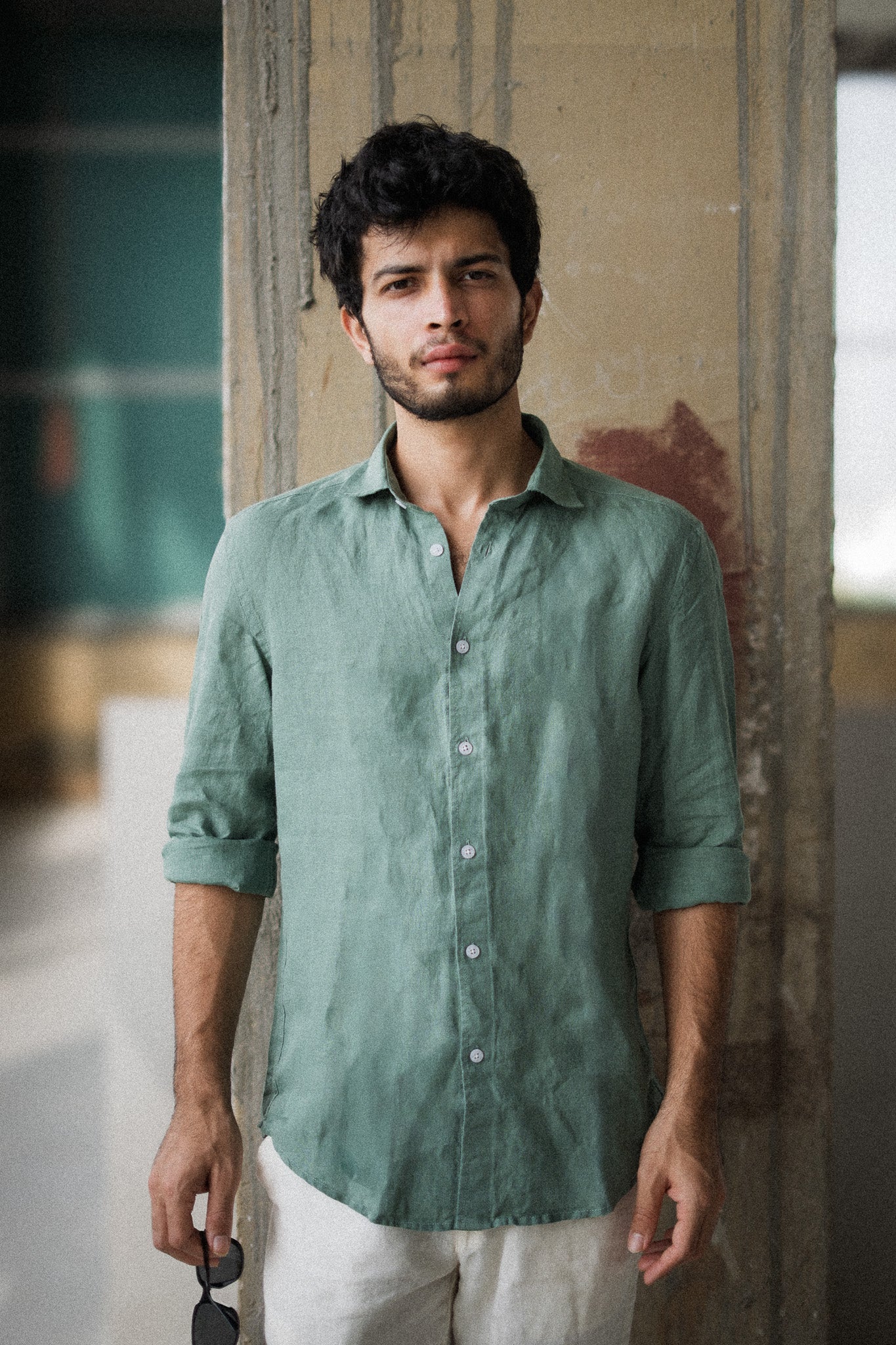 Sage Green Irish Linen Shirt (with MOP Buttons)