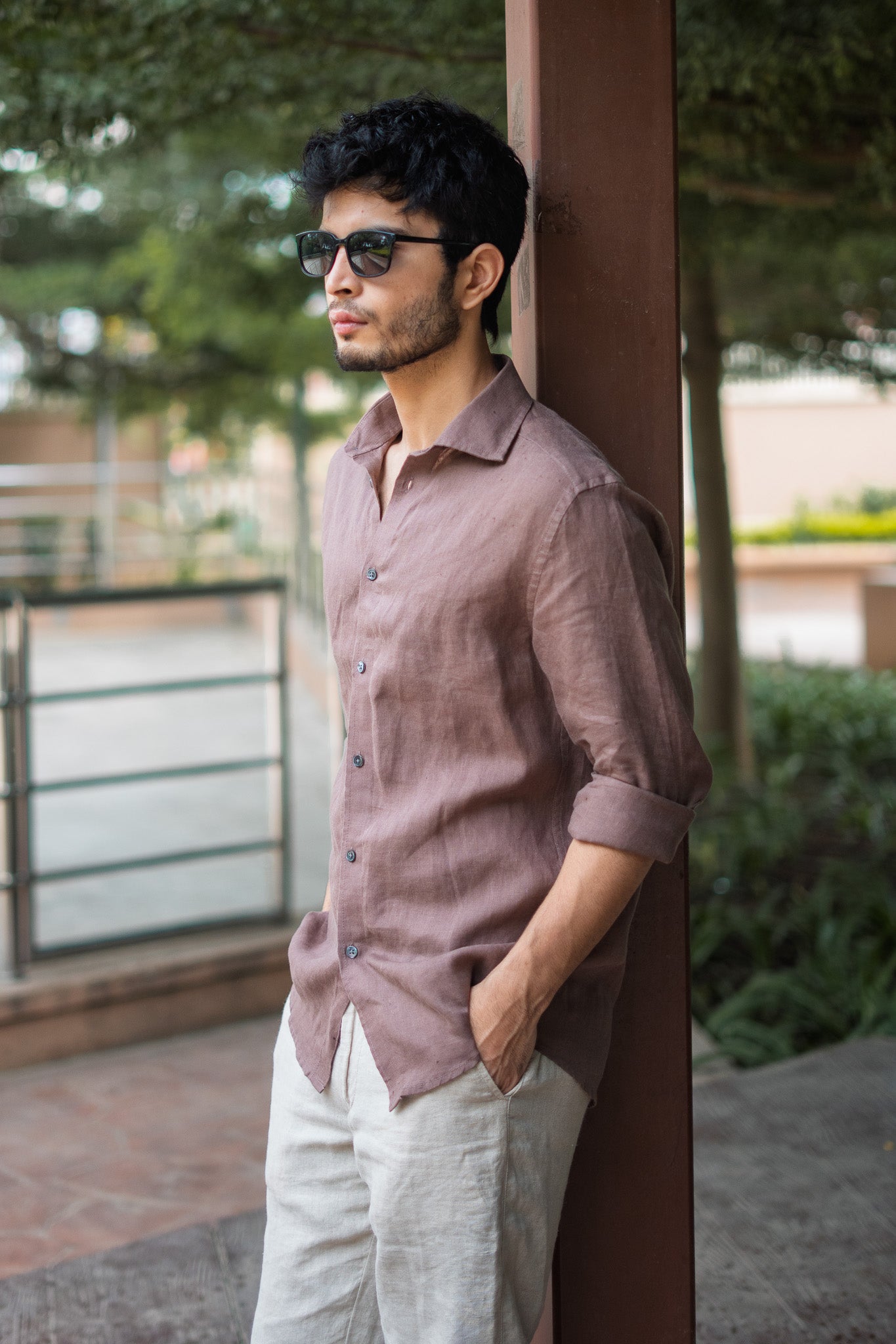 Mocha Brown Irish Linen Shirt - MOP Buttons
