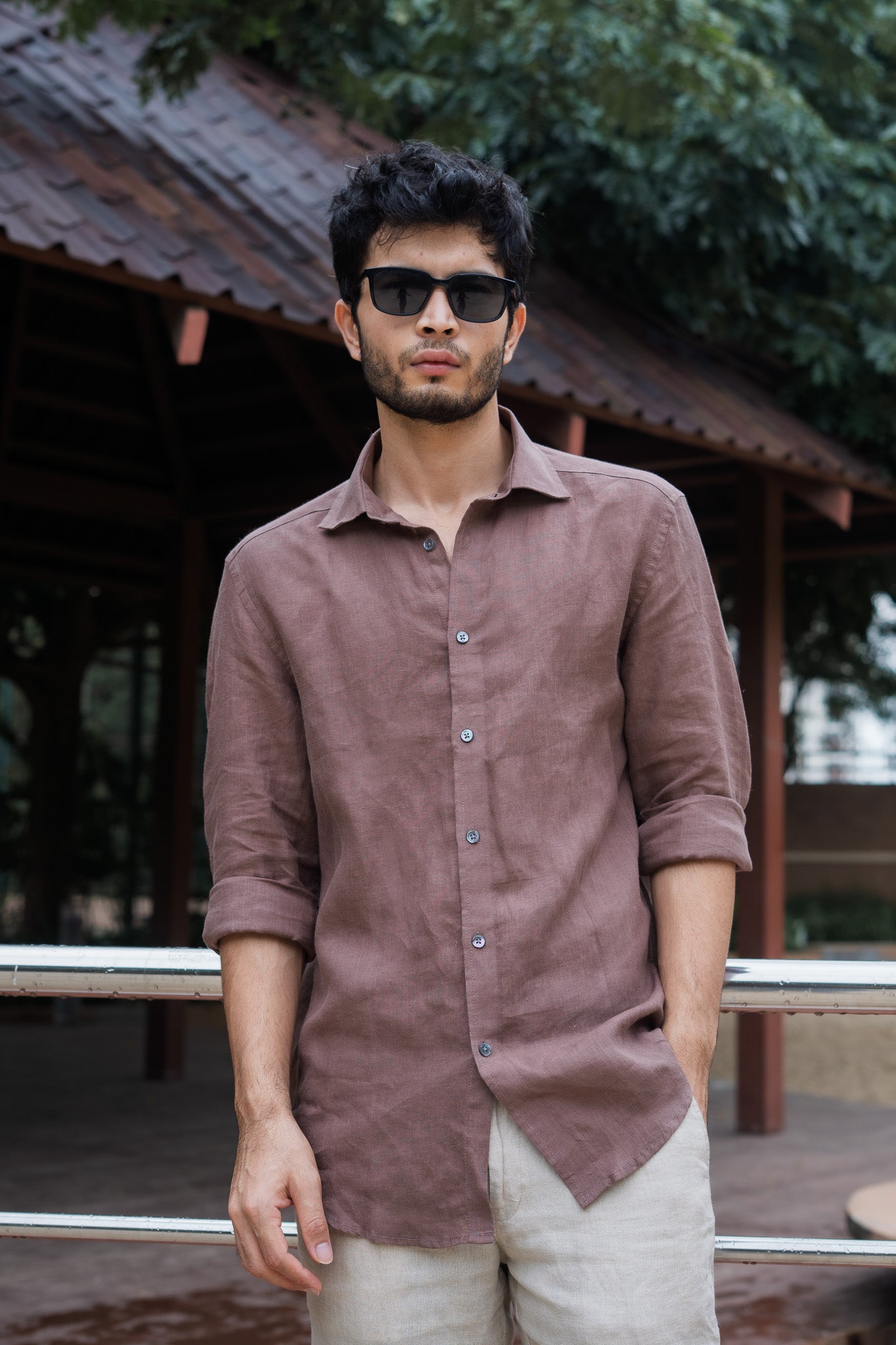 Mocha Brown Irish Linen Shirt - MOP Buttons