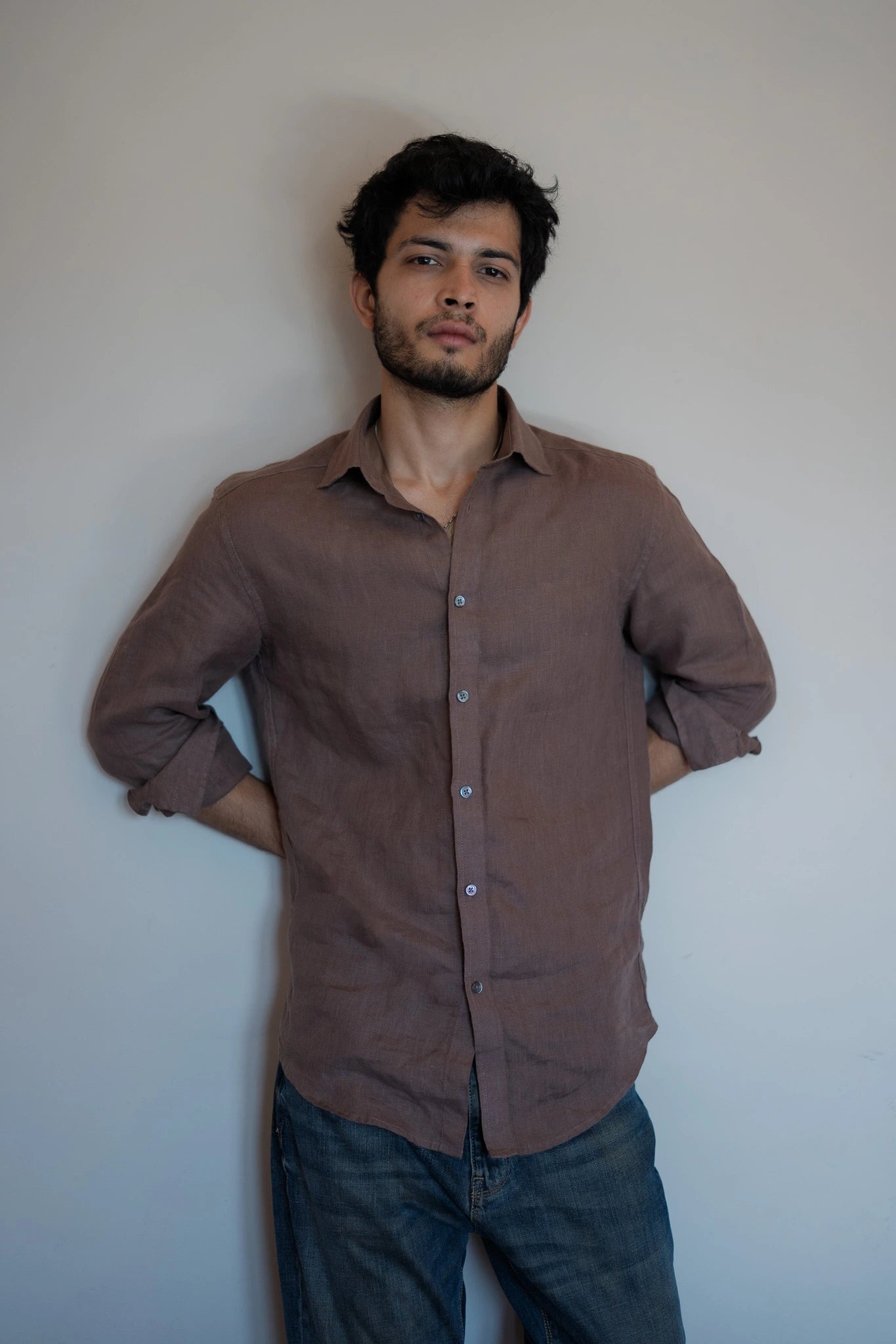 Mocha Brown Irish Linen Shirt - MOP Buttons