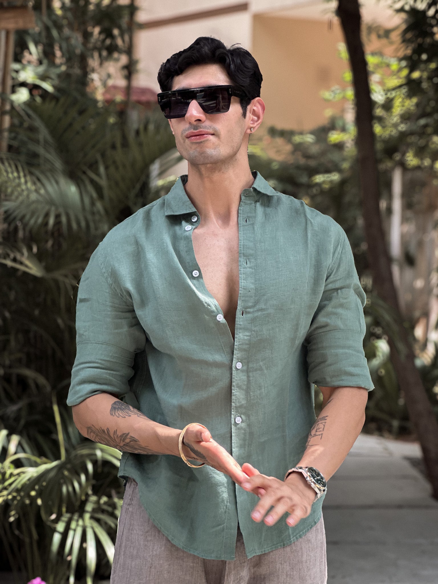 Sage Green Irish Linen Shirt (with MOP Buttons)
