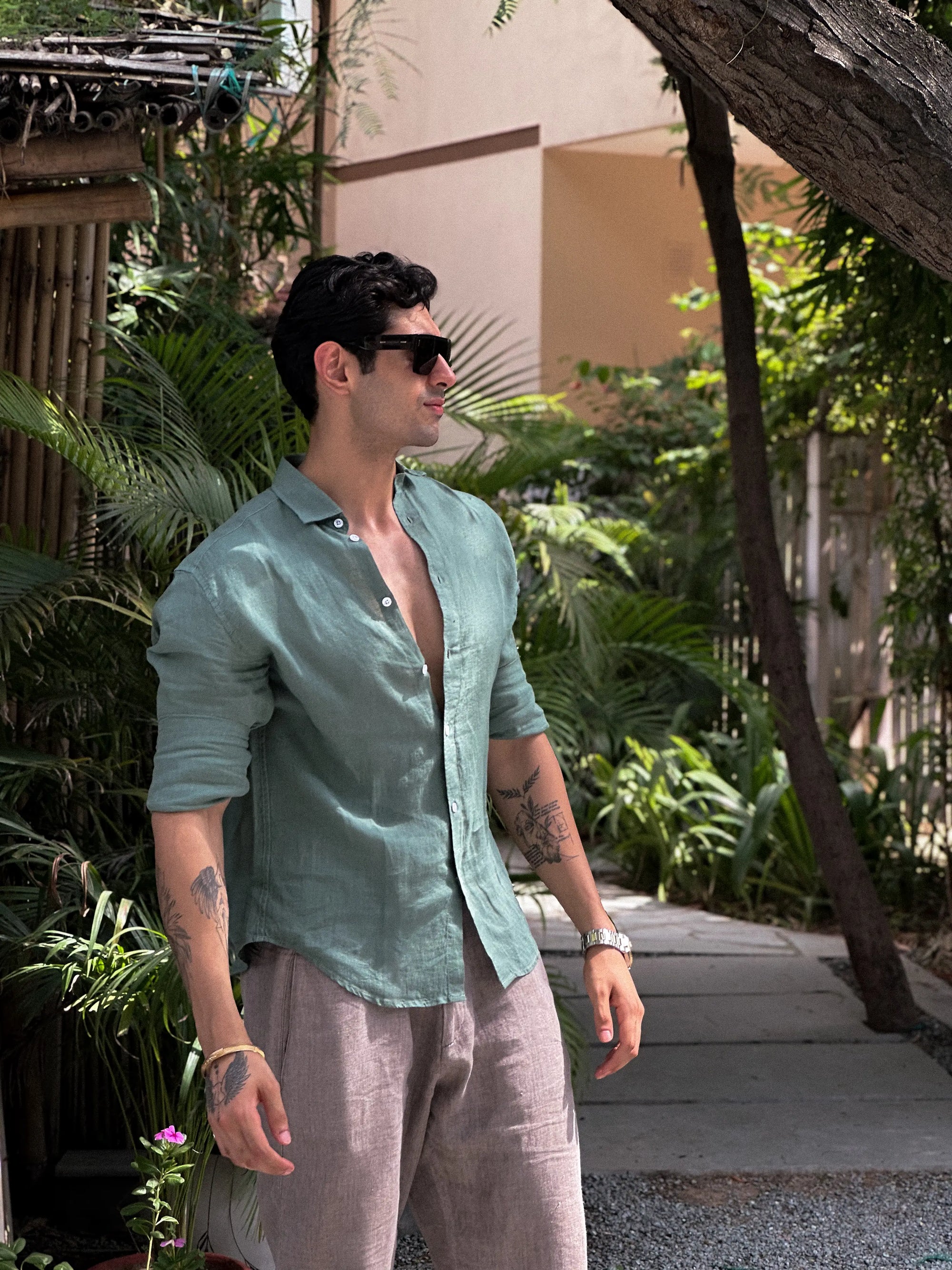 Sage Green Irish Linen Shirt (with MOP Buttons)