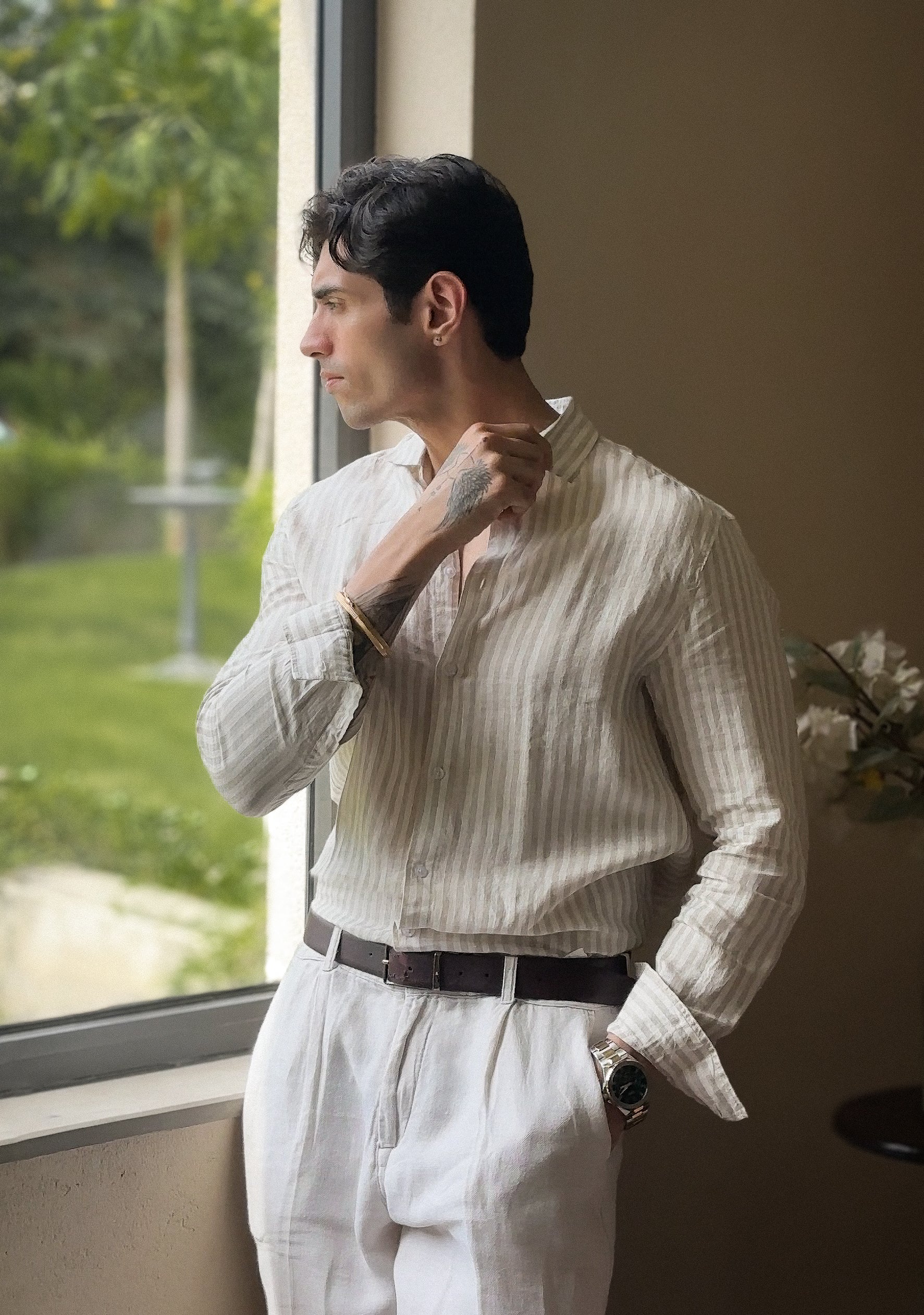 Beige Striped Irish Linen Shirt