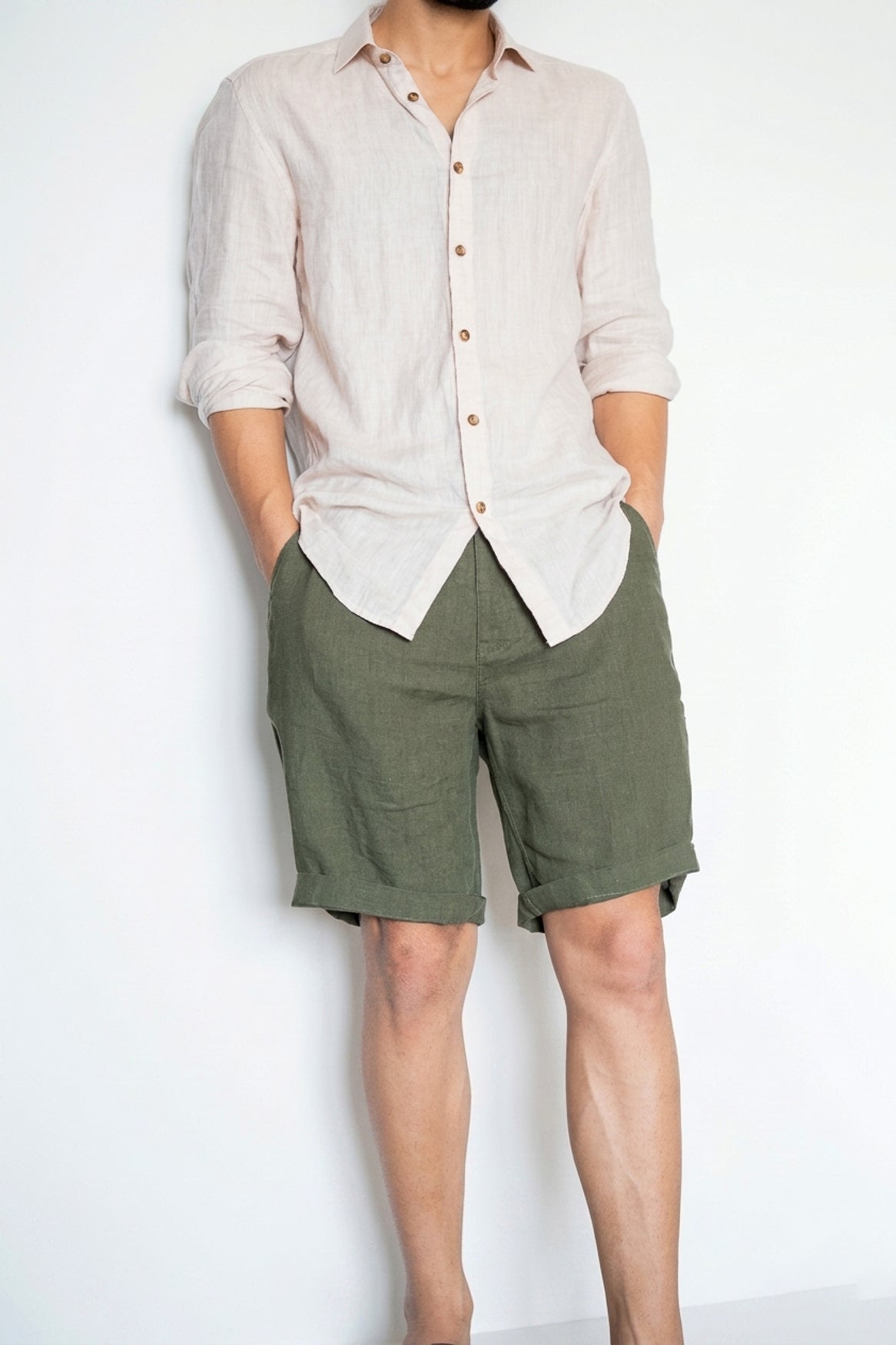 Military Green Linen Shorts