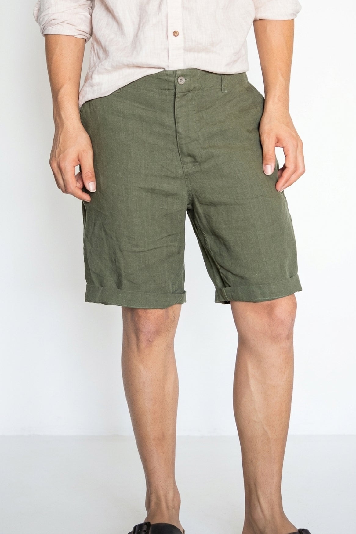 Military Green Linen Shorts