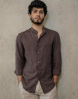 Dark Brown Irish Linen Shirt - Mao Collar