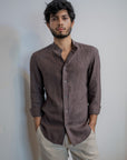 Dark Brown Irish Linen Shirt - Mao Collar