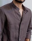 Dark Brown Irish Linen Shirt - Mao Collar