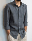 Charcoal Grey Irish Linen Shirt with Black Button (Pre order - Ships on 27th May)