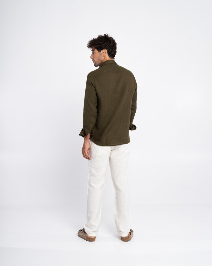 Cawley Irish Striped Linen Players Shirt in Forest/Chocolate