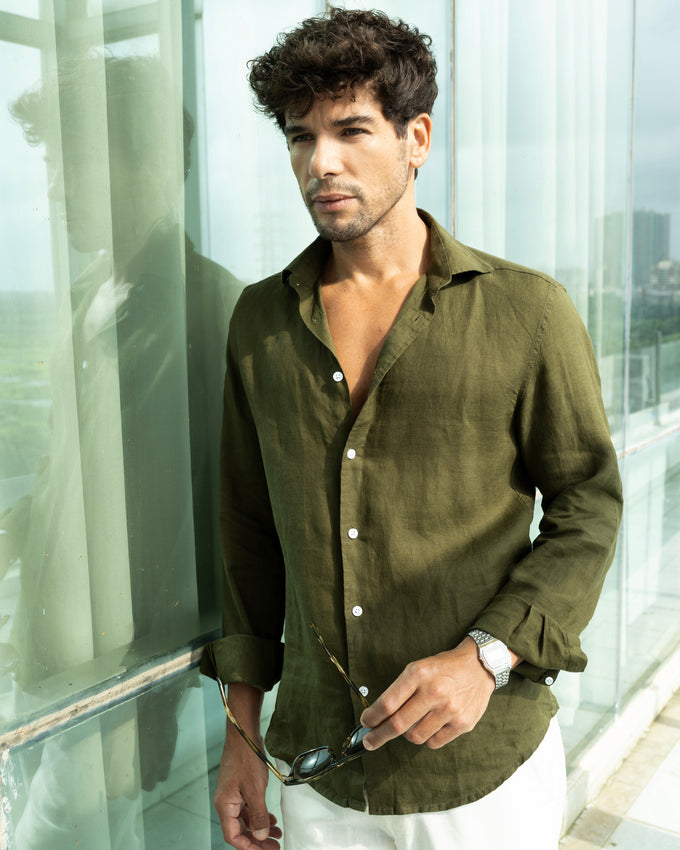 Cawley Irish Striped Linen Players Shirt in Forest/Chocolate main image 0