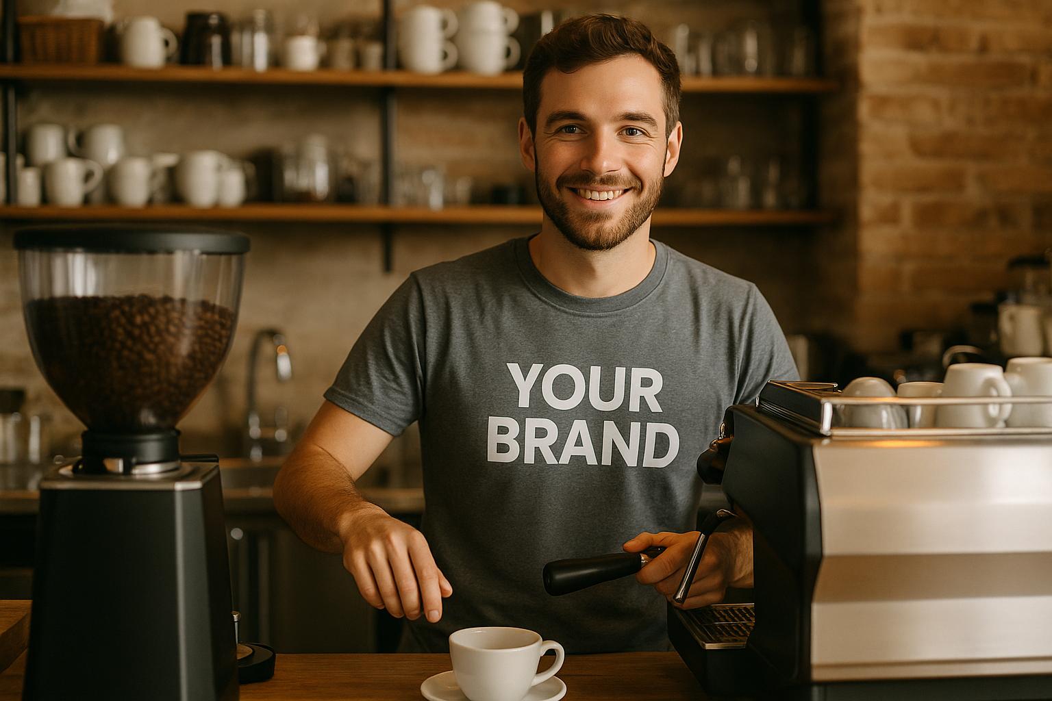 Barista in a tee that says "Your Brand" - real pic of human